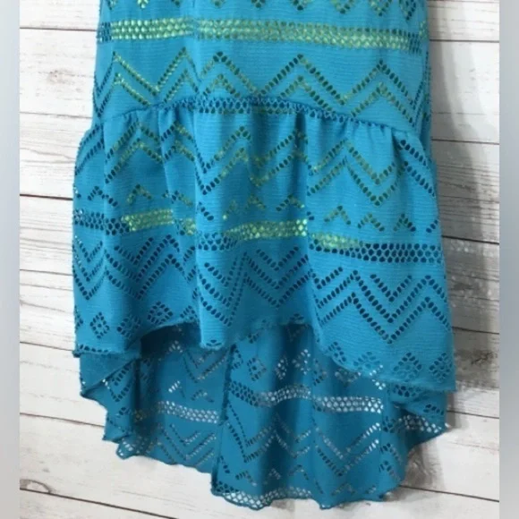 Paper Doll Girl Size 16 or W. Sm Teal Blue & Lime Layered Hi Low BEACH Dress - Picture 5 of 8